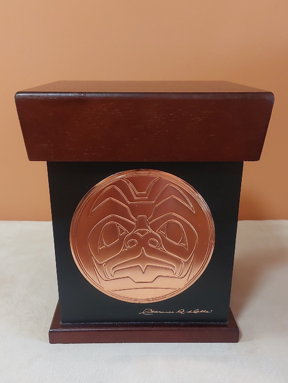Vintage, FIRST  NATION HAIDA, Wood Display Box with Copper Relief Medallion